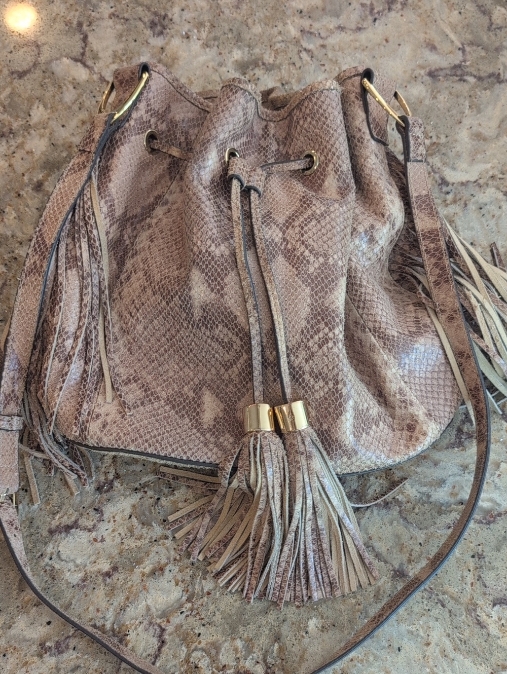 G.I.L.I. Taupe Snake-Print Tassel Drawstring Crossbody